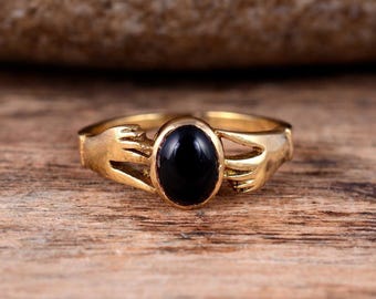 Black Onyx Brass Ring Minimalist Boho Handmade Gemstone Jewelry Gift for Women