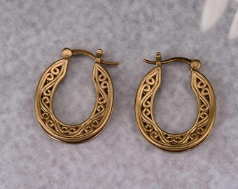 Brass Filigree Huggie Hoop Earrings: Small Gold Lace Hoops