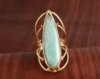 Handmade Brass Larimar Ring, Big Teardrop Gemstone Statement Ring