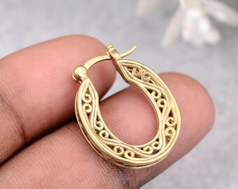 Brass Filigree Huggie Hoop Earrings: Small Gold Lace Hoops