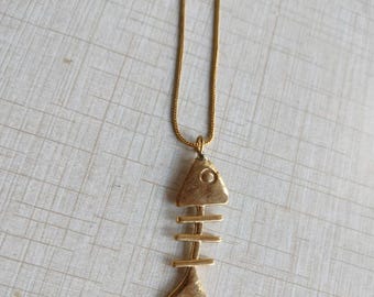 Gold Fishbone Pendant Necklace: Brass Sea Jewelry