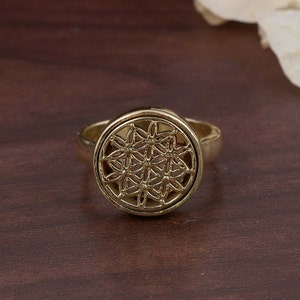 Brass Flower of Life Ring, Sacred Geometry Ring, Women's or Men's Spiritual Ring, Seed of Life Mandala Ring, Personalized Gifts