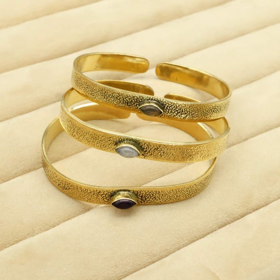 Labradorite - Amethyst - Moonstone Brass Bracelets, Hammered Bangles, Gemstone Cuff Bracelets, Gift For Her