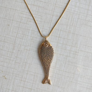 Gold Brass Fish Necklace, Sardine Necklace, Pisces Necklace, Religious Necklace, Gold Fish Charm, Sea Pendant, Sardine Pendant
