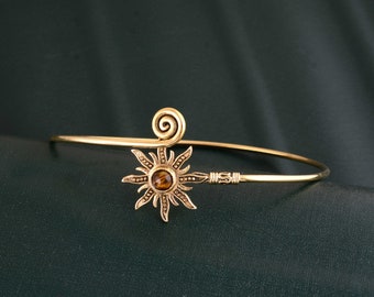 Gold Sunburst Arm Cuff, Tigers Eye Boho Upper Arm Bracelet, Goddess Bracelet, Spiral Arm Cuff, Gemstones Armlet, Sun Bohemian Jewelry Gift