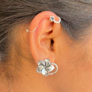 Flower Ear Cuff Silver Plated, Plumeria Ear Cuff, Flower Vine Ear Cuff, Belle Non Pierced Ear Cuffs, Floral Jewelry, Boho Jewelry Hippie