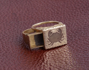Zodiac Secret Compartment Ring: Brass Signet Pill Box