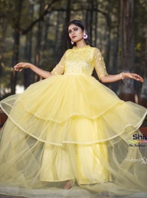 Lemon Yellow Net Full Length Party Wear Gown - Etsy