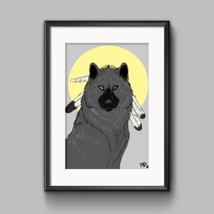 Könnte beinhalten: Ein schwarzer Wolf mit einem gelben Mond dahinter. Der Wolf hat Federn auf dem Kopf und schaut direkt auf den Betrachter.