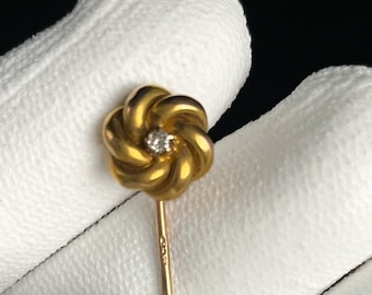 14K Yellow Gold Diamond Victorian Lovers Knot Stick Pin 1 Cushion Diamond Est .09 CTS | Antique Solid 14K Pin w/ 10K Yellow Gold Flower