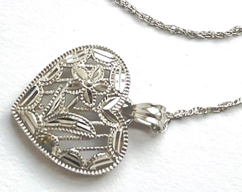 10K Solid White Gold Filigree Heart Pendant & 10K Necklace | 10k Gold Heart Necklace with Single Blooming Flower Center |