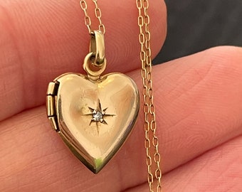 Vintage HEART Locket Pendant - 14k Yellow Gold - Diamond Starburst North Star WITH 14K Necklace Chain | 13 MM 1/2 Inch Heart  | 2.53 grams