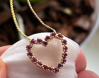 14k Yellow Gold Ruby Gemstone Open Heart Pendant WITH 14K Necklace Chain | Vintage  Real 14K Gold Open Heart Ruby Necklace | 3.04 grams