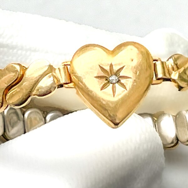 Expandable Sweetheart Bracelet w/ Diamond Center | 1/20 10K GF | Kiddie Kraft by Marathon | Circa 1930 - 1940 | Small Antique Heart Bracelet