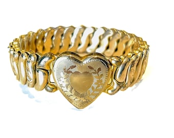 Pulsera de corazón de expansión La Mode Sweetheart / Pulsera de corazón antigua / Primera Guerra Mundial / Segunda Guerra Mundial / Pulsera de corazón antigua de oro / Antigüedad genuina