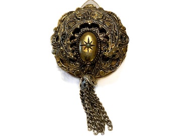 Collar con colgante de reloj antiguo, chapado en oro con centro de estrella turquesa y reloj en la parte posterior, reloj de estilo eduardiano de Swiss Pewa Lenga De Luxe