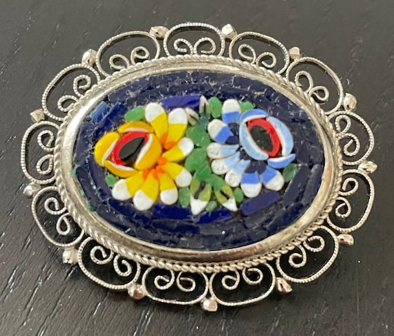 Vintage Italian Micro Mosaic Double Flower Brooch… - image 1