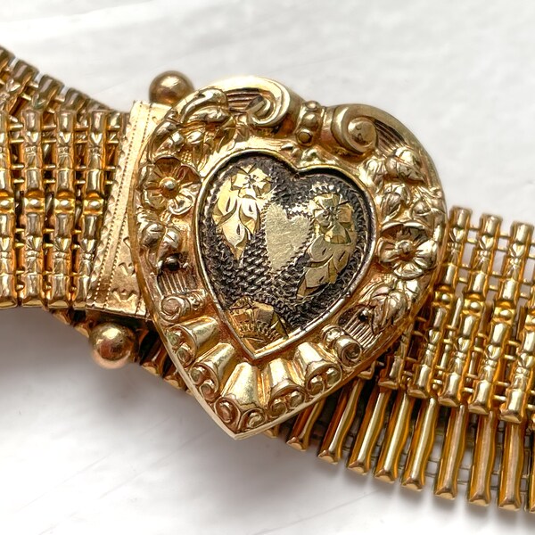 1910 Victorian Mesh Sweetheart Bracelet w/ Tassels Slider | Gold Heart with Black Enamel | Signed 1-20 10K G.F. PSCO | Excellent Condition