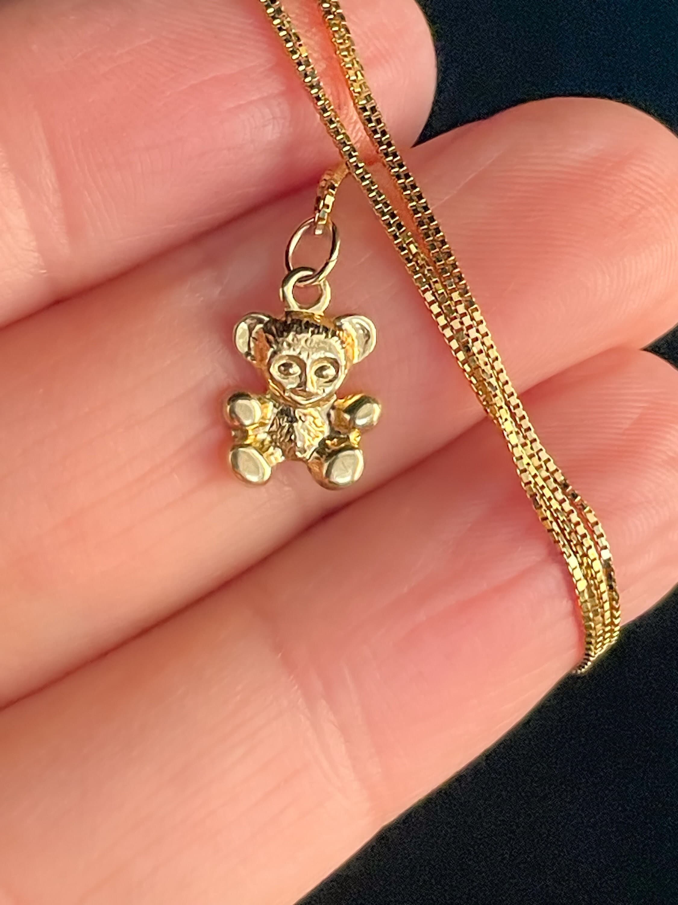 14K Gold Bear Pendant ob 14K Box Chain Necklace | Real Solid Gold | 46 CM Yellow Gold Necklace & 14K Teddy Bear Charm | 1.5 grams