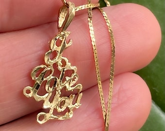 Vintage 14K "Ich liebe Dich" Anhänger | Massives Gelbgold | Schreibschrift "I Love You" Charm | + 16-Zoll-14K Serpentin Halskette Kette