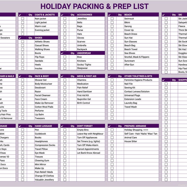 Holiday Packing & Prep List - Printable