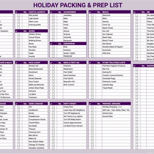 Holiday Packing & Prep List - Editable Excel Spreadsheet