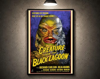 Póster retro de criatura acuática, arte mural de película de monstruos vintage, lámina de película de terror clásica de los años 50, decoración gótica para el hogar.