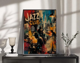 Abstract Urban Jazz Club Art Print Edgy Colorful Music Wall Art Modern Jazz Poster Unique Lounge Room Home Decor