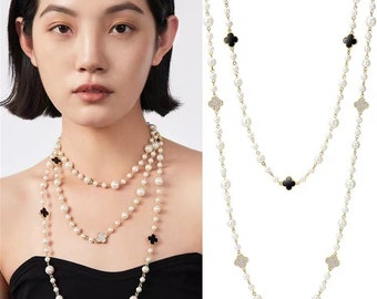 18K Gold Four Leaf Clover Pearl Necklace Black Onyx Necklace -  UK