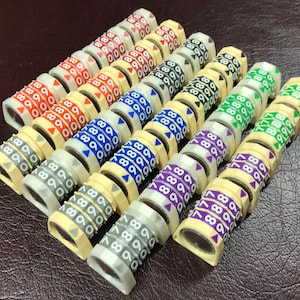 Può includere: Un assortimento di quadranti per serrature a combinazione in vari colori, tra cui rosso, blu, verde e viola. Ogni quadrante mostra numeri da 0 a 9. I quadranti sono disposti in file, mostrando la loro visualizzazione numerica.