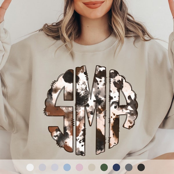 Cow Print Monogram Sweatshirt,  Custom Monogrammed Sweater, Personalized Monogram, Women Cowprint Sweatshirts, Cow Shirts For Women