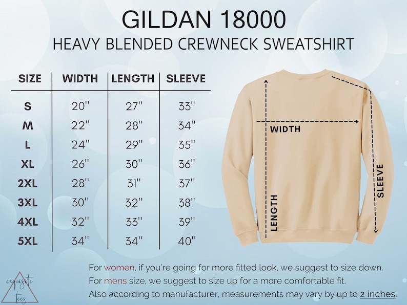 May include: Size chart for a Gildan 18000 heavy blended crewneck sweatshirt. The chart shows the size, width, length, and sleeve length in inches for sizes S through 5XL.