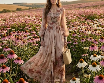 Floral Chiffon Maxi Dress Women Long Sleeve Slim Fit Dress Elegant Party Dress Boho Spring Summer Vacation Dress