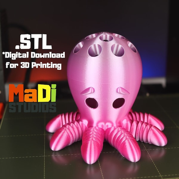 Cute Flexi Print-in-Place Octopus -  Pencil Holder - STL file for 3D Printing