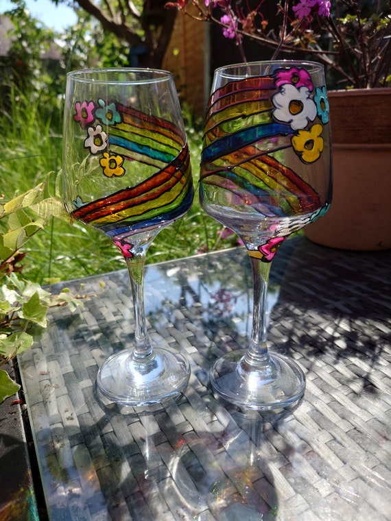 Red Wine Glass, Hand-painted Stained Glass, Rainbows and Flowers