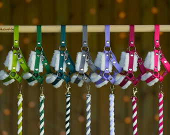 May include: Seven colorful dog harnesses with matching leashes. The harnesses are made of soft fabric with a fleece lining and have silver metal buckles and rings. The leashes are made of braided rope with a white and green color scheme.