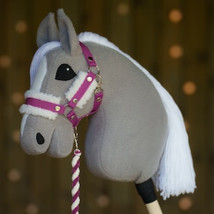 Handmade Cream Fur Hobby Horse Halter, Equestrian Toy Bridle, A3/A4 Size Raspberry