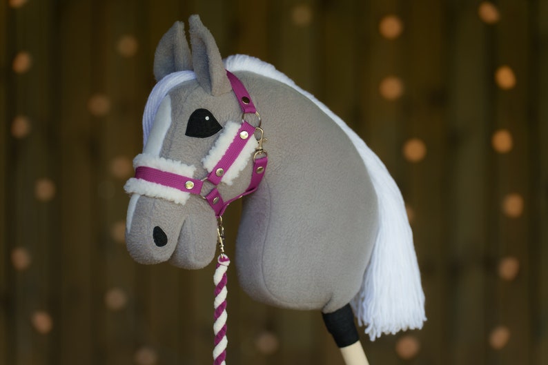 Handmade Cream Fur Hobby Horse Halter, Equestrian Toy Bridle, A3/A4 Size Raspberry