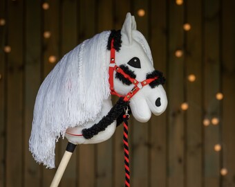 Adjustable Halter for A3 size Hobbyhorse with lead or reins, or both/ Red-black set