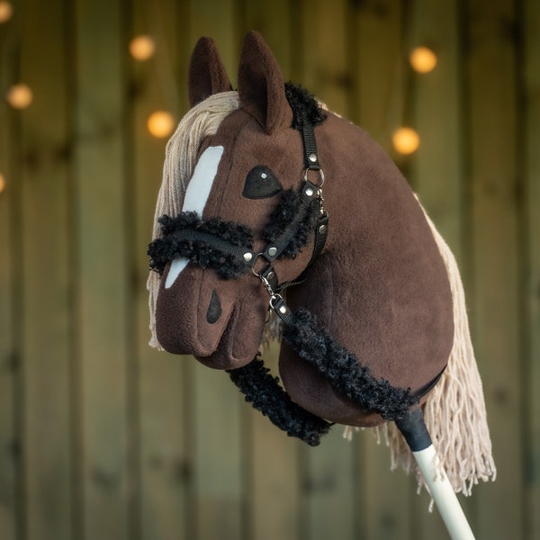 Adjustable fur halter for A3 size hobbyhorse with reins / Black set