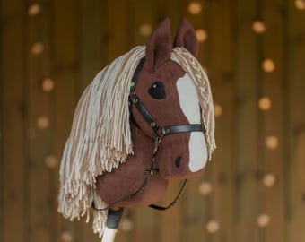 Handmade Brown Hobbyhorse Toy | Faux Leather Halter | Equestrian Gift for Kids