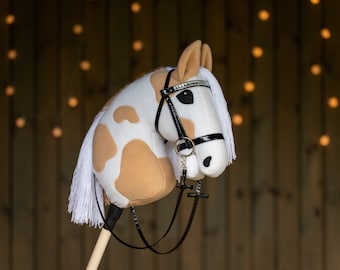 Handmade Paint Hobbyhorse Toy | Equestrian Gift with Rhinestone Bridle