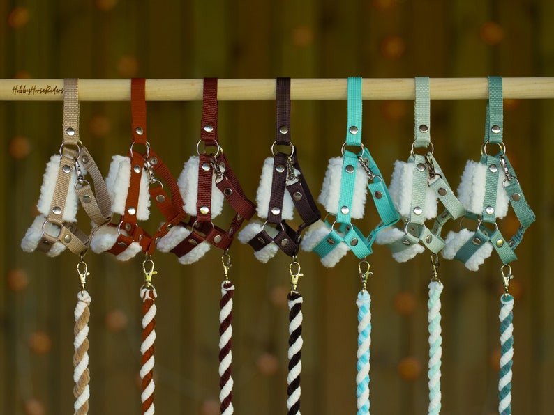 May include: Seven different colored dog harnesses with matching leashes. The harnesses are made of soft fabric with a fleece lining and have metal buckles and rings. The leashes are made of braided rope.