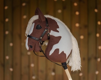 Handmade Paint Hobbyhorse: Brown & White with Faux Leather Halter | A3 size