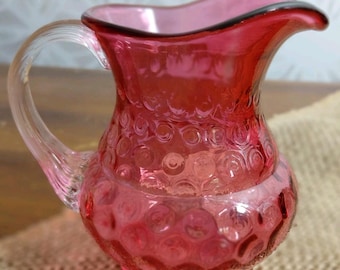 Vintage Fenton Glass Cranberry Creamer Coin Dot Optic Pattern  Applied Handle 4"
