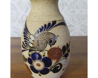 Jarrón antiguo de cerámica mexicana Tonala pintado a mano con diseño de pájaros y flores, 21,5 cm (8,5 pulgadas)