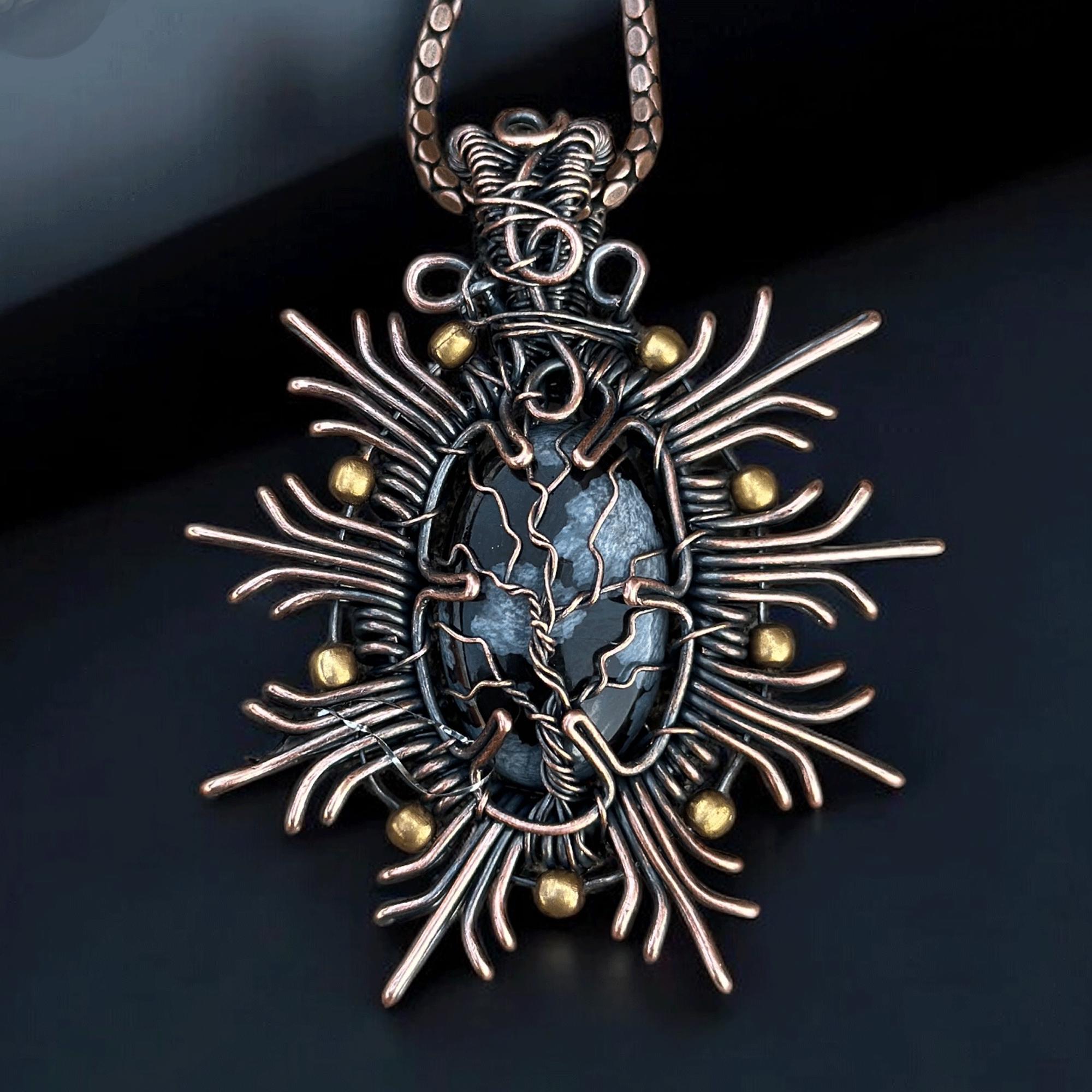 Oxidized Copper Snowflake Pendant: Wire Wrapped Sunstone Gemstone