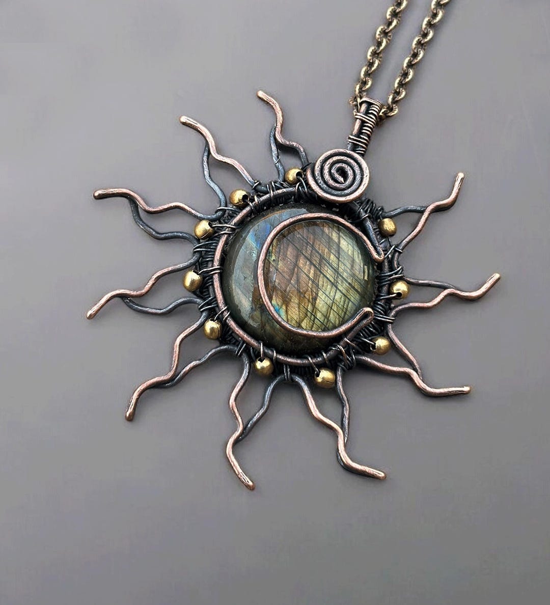 Handmade Labradorite Copper Sun Pendant: Wire Wrapped Jewelry - Etsy Japan