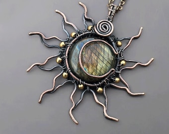 Handmade Labradorite Copper Sun Pendant: Wire Wrapped Jewelry