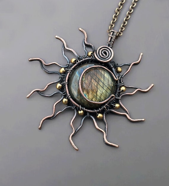 Handmade Labradorite Copper Sun Pendant: Wire Wrapped Jewelry